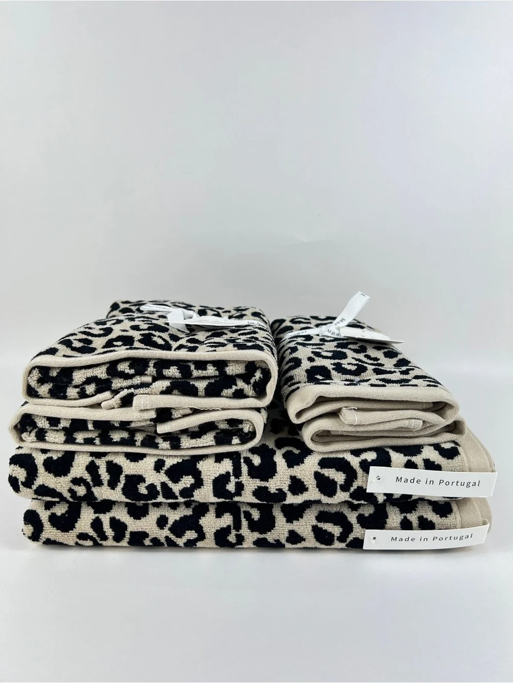 Bianca Bath Towel Set Luxurious Beige Black Leopard Print Velour Cotton 6pc NEW